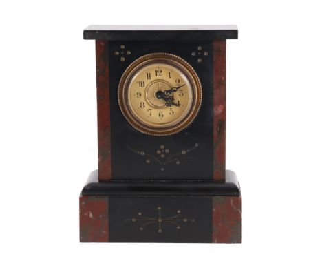 A German gilt-enriched, polished black slate and red marble mantle clock of diminutive stature, early-to-mid 20th Century, 16