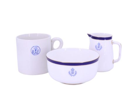 A 1940s/1950s RAF mess mug by AJ Wilkinson Ltd, together with a Royal Doulton RAF jug and bowl, bowl 14 cm diameter 