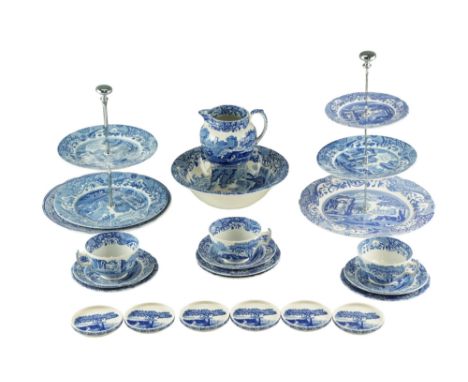 A quantity of Spode Italian blue-and-white dinnerware including two cake stands, a bowl, jug, etc