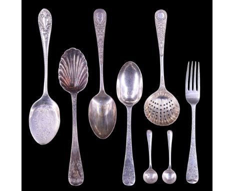 A Victorian silver Christening fork and spoon together with a pair of silver salt spoons, a spade, a sugar casting spoon and 