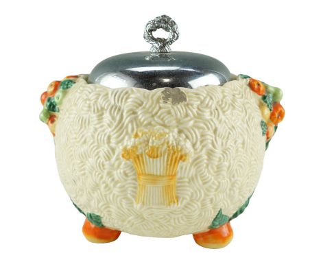 A Clarice Cliff "Celtic Harvest" biscuit barrel, circa 1937, height 17 cm, (a/f)