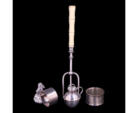 A Victorian Ivorine-handled electroplate bread fork together with a miniature Guernsey milk churn and two napkin rings