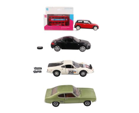 A Minichamps 1969-74 Ford Capri model car, 1:18 scale, together with two other diecast cars and a bus, Ford Capri (a/f)