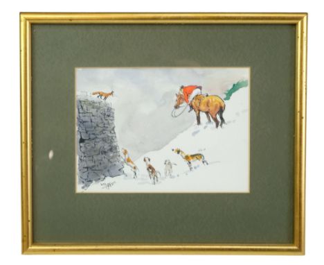 John Billy Wilkinson "Wilk", (Cumbrian, Keswick, 1906-1994)A comical, wintry depiction of a fox atop a high, dry stone wall t