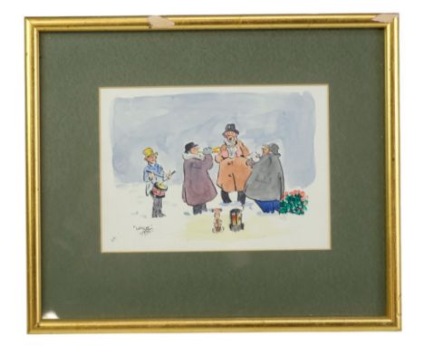 John Billy Wilkinson [ Wilk ] (Cumbrian, Keswick, 1906-1994)A humorous study of a small dog sat observing a choir and band, w