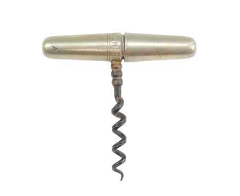 A Victorian pocket folding roundlet corkscrew by George Wright and Charles Bailey, having a grooved helical steel worm and Ge
