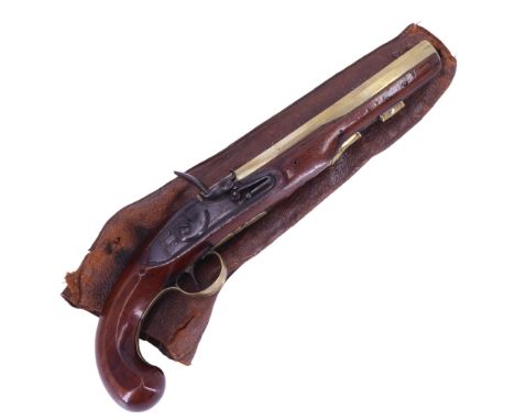 A George III flintlock holster pistol by Ryan &amp; Watson of London, having a 8 1/2 inch hexagonal brass barrel of approx 20