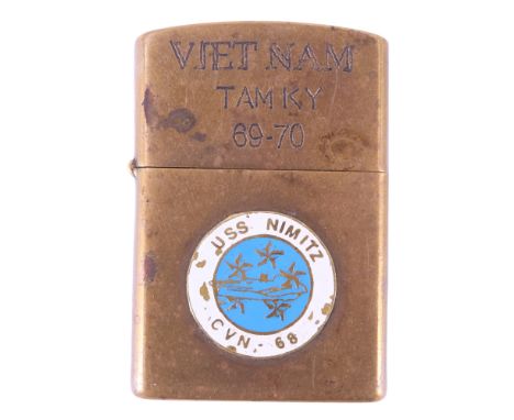 [Vietnam War] A brass Zippo flip-top petrol cigarette lighter engraved "Vietnam Tam Ky 69-70" and bearing applied USS Nimitz 