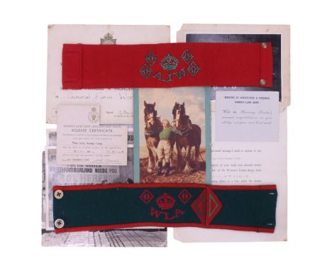 A group of Second World War Women's Land Army insignia, photographs and documents, including two brassards, Proficiency, Rele