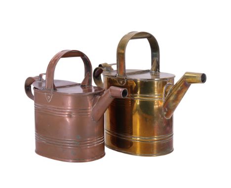 A copper water carrier can by Army &amp; Navy TSL of London together with a similar brass example, tallest 30 cm 