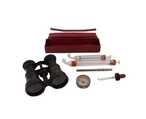 A set of late 19th / early 20th Century "The Stanley" binocular field glasses together with a pocket magnetic compass and an 