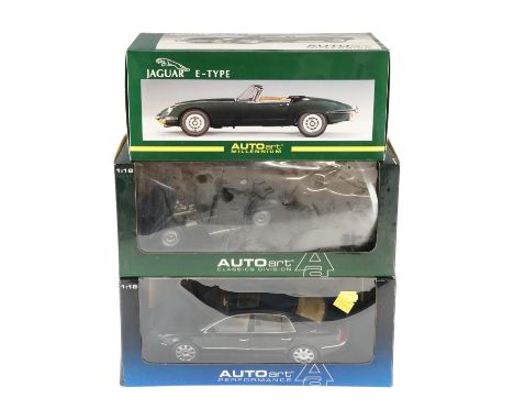 Three Auto Art diecast model cars comprising a Jaguar E-Type, Jaguar D-Type and a Phaeton, 1:18 scale