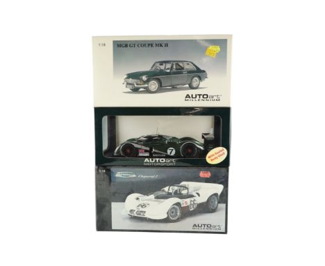 Three Auto Art diecast model cars comprising a Chaparral 2, Bentley Speed 8 and a MGB GT Coupe MK II, 1:18 scale