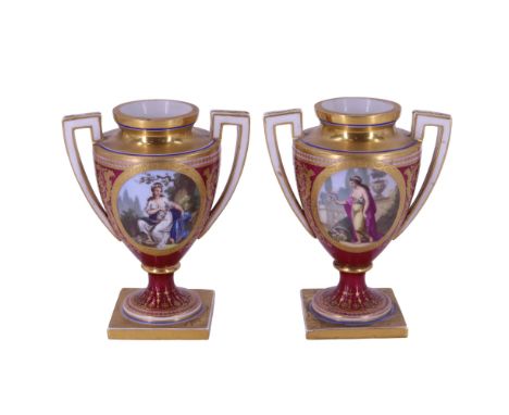 A pair of fine diminutive Vienna porcelain urns, each decorated with enamelled classical mythological and romantic vignettes 
