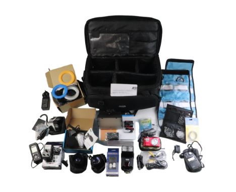 A group of cameras, lenses and accessories including a Japanese 0.45x macro lens and a tele converter, a Nikon Coolpix, a Sek