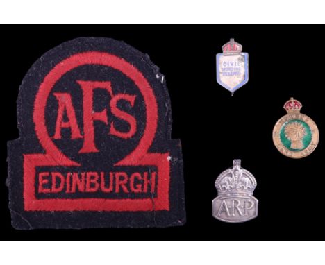 Second World War Edinburgh Auxiliary Fire Service, ARP and Women's Land Army badges together with a Civil Nursing Reserve ena