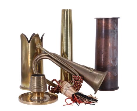 Two trench art shell case vases, a 1939 dated 38-mm Bofors anti-aircraft gun shell case, a brass match pot and a bugle