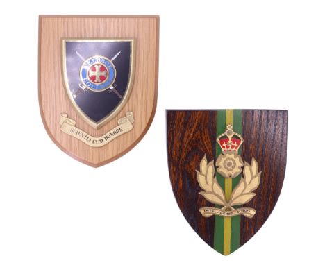 A British Army Intelligence Corps wooden wall plaque together with a Welbeck College plaque, former 17.5 x 14.5 cm [Welbeck w