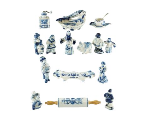 A group of late 20th Century Russian hand-painted blue-and-white ceramics including characters from Russian folk tales, etc, 