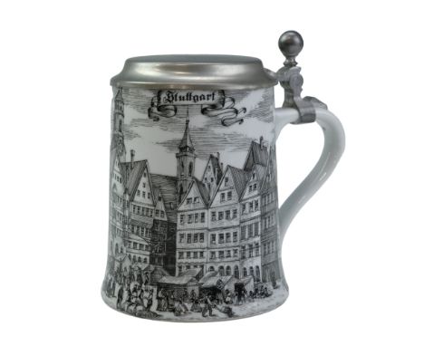 An official Mercedes-Benz traditional German pewter-mounted porcelain beer stein, circa 1990, 15 cm