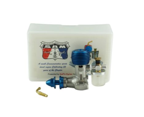 A boxed SAM 50 aero model aircraft engine, 0.5cc diesel, engine number 047, [made in Ukraine for Redfin Engines]