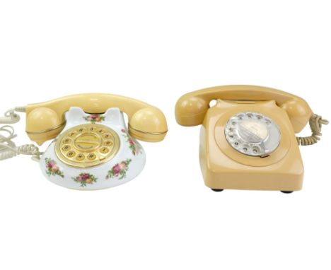 A 1970s GPO 746 Bakelite rotary dial telephone together with a 1962 Royal Albert Old Country Roses telephone by Astral