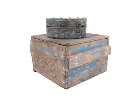 A large Kelvin and Hughes marine gimballed compass in wooden transit case