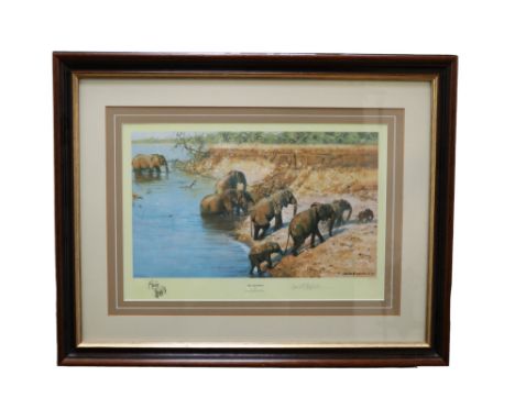 After David Shepherd (1931-2017)"The Crossing", a study of elephants emerging from a river onto its banks, limited edition pr