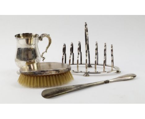 A George VI silver tankard, of baluster form, Birmingham 1938, 5.31oz, silver backed hairbrush with engine turned decoration,