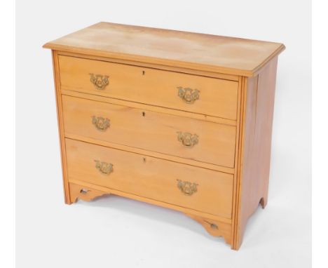 A Victorian pine chest of drawers, three long drawers raised on carved bracket feet.