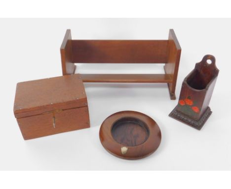 A group of chapel items, comprising a book trough, box with key, oak circular collection plate with shield mount, and a paint