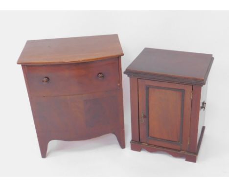 A Victorian mahogany bow front commode, the top opening to reveal a ceramic pot and cover, raised on bracket feet, 60cm H, 50