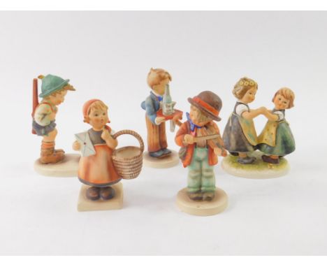 Five Hummel figures, comprising Waiter, 754/0; Sensitive Hunter, 6/1; Spring Dance, 353/0; Little Fiddler, 2/0; and Meditatio