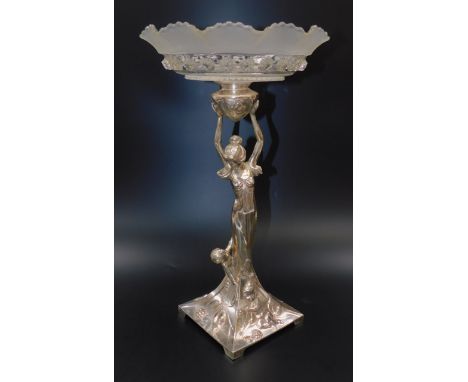 A WMF figural candlestick, converted to a comport, the moulded glass dish raised on a sinuous female figure, her dress cast w