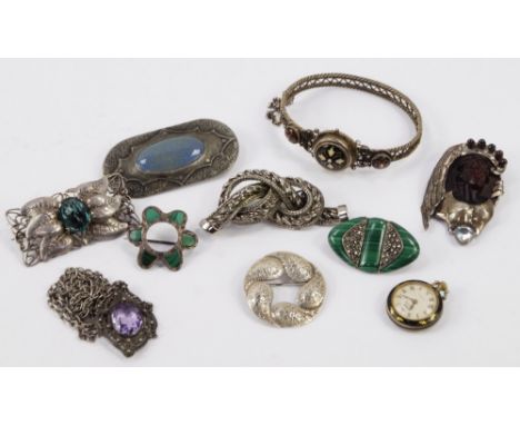 A Fero lady's black enamel and gilt plated pocket watch, a malachite and marcasite set brooch, silver filigree and enamel ban