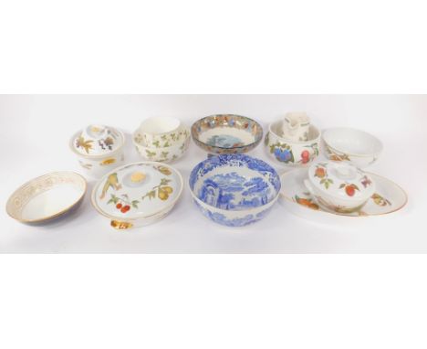 A Royal Worcester oven to table ware casserole dish and cover decorated in the Evesham pattern, a vegetable dish and cover, o