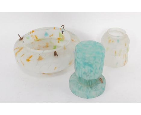 A 1940's turquoise and opaline glass table lamp, 20.5cm high, a vari-coloured ceiling light, 30cm dia., and a similar shade. 