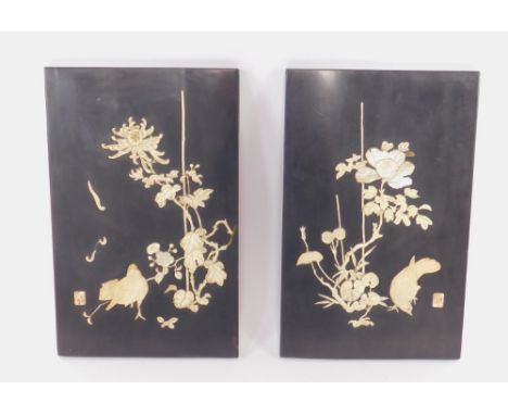 A pair of Japanese ivory and mother of pearl Shibayama panels, decorated with birds and flowers, seal marks, 39cm x 25.5cm. L