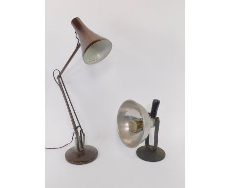 A brown anglepoise lamp, 78cm high extended, together with an infra red longwave generator, 230/250 volts, raised on an iron 