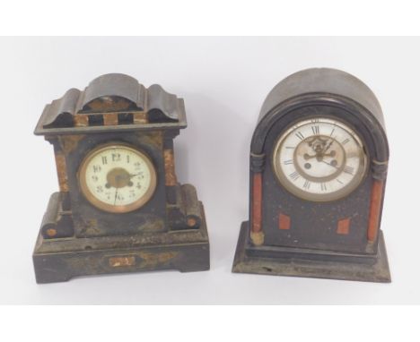 A Victorian slate and marble cased mantel clock, the enamel dial bearing Arabic numerals, French eight day movement with coil