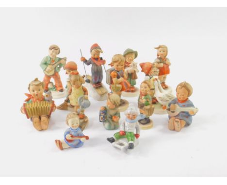 A group of Hummel figures, including Skier, Goose Girl, School Girl, and The Lost Sheep, together with two Goebl figures, and