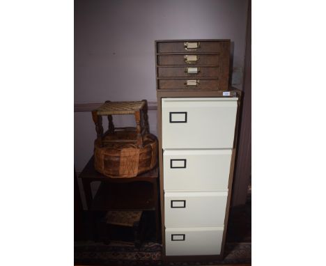 Two office table top chests with four drawers, 40 cm wide, a modern filing cabinet, 47 cm wide, two stools, a pouffe, a two t