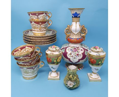 A 19th century Continental porcelain vase, 28 cm, a pair of Spode vases with covers, decorated with horizontal bands of flowe