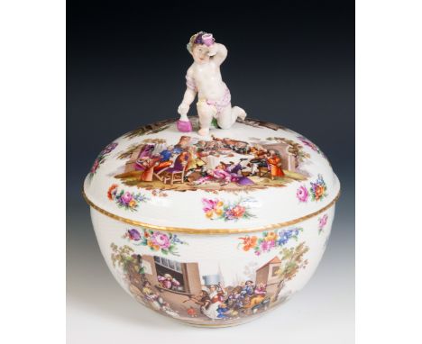 A Berlin porcelain punch bowl and cover, with a putto finial, decorated extensive scenes of figures banqueting and musicians,
