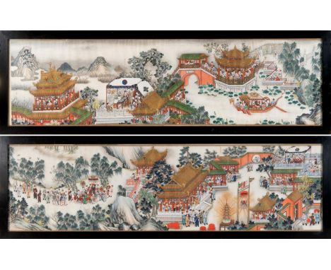 A Chinese scroll painting, now in two parts, figures celebrating with fireworks, in processions, pagodas and in boats on a ri