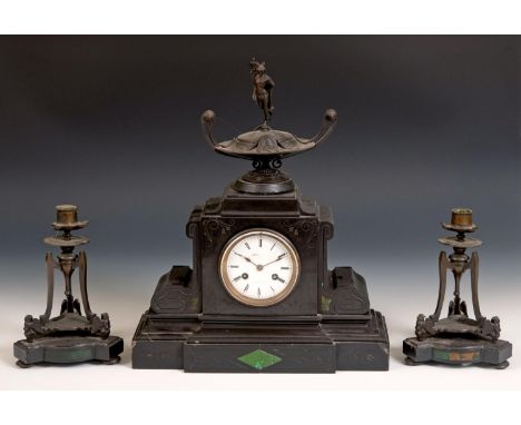 A 19th century clock garniture, the clock fitted an eight day movement and with a figure of Mercury finial, (3) removal cost 