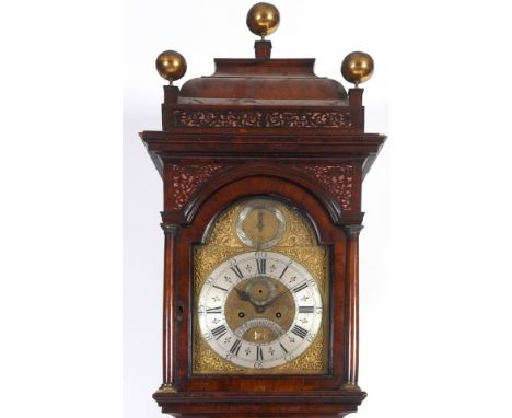 A longcase clock, the 30 cm arched square brass dial signed Wm  Threlkeld, London to a silvered arch on the centre, the silve