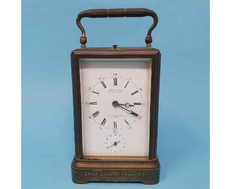 A 19th century carriage clock, with repeat, the 6.5 cm wide enamel dial signed Leroy & Fils, 211 Regent Street/13 Palais Roya