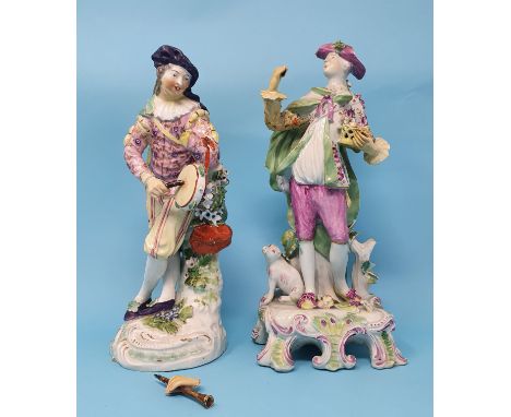 A 19th century English porcelain figure of a man holding a basket of flowers, 29 cm high, and another of a musician beating a