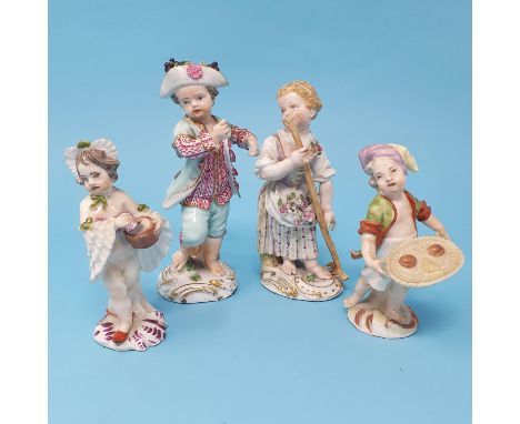 A 19th century Dresden figure, of a young boy, crossed swords mark to base, 14 cm, a Dresden figure of a young girl with a ra